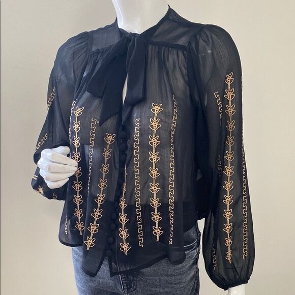 Band of Gypsies Black Sheer Gold Embroidered Tie Neck Long Slv Peasant Top Boho - Picture 3 of 7